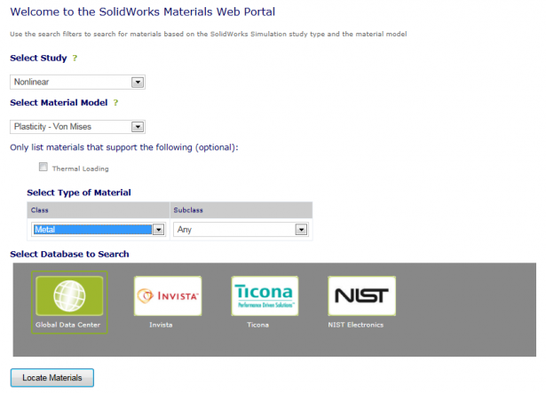 SOLIDWORKS Material Web portal Search tool