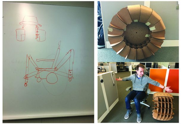 Early drawings and a cardboard wheel prototype for the Max-D costumer