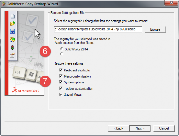 Choose which installation of SOLIDWORKS to Restore the settings to, and which settings to restore.